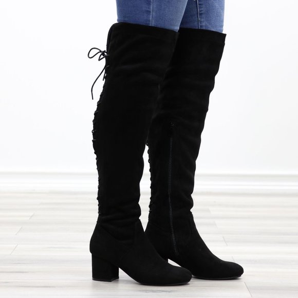 Over The Knee Block Heel Boots With Lace Up Back - Picture 3 of 16
